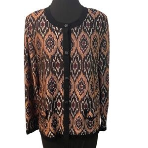 Exclusively Misook Knit Cardigan Sweater Gold Black Ikat Print Button Front Med